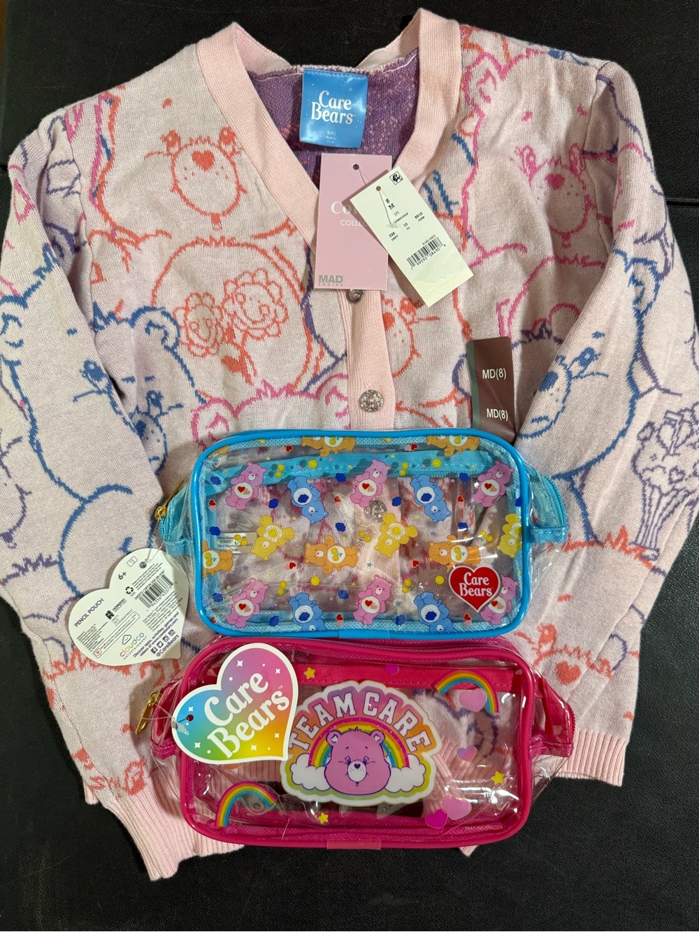 Care Bears Girls Medium (8) Knit Cardigan NWT Pink Sweater w/2 Care Bear pouches